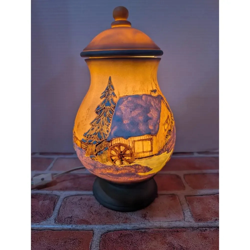 Vintage Hand Painted Ceramic Lamp Jar Light Snow Coverd Winter Church Home Scene